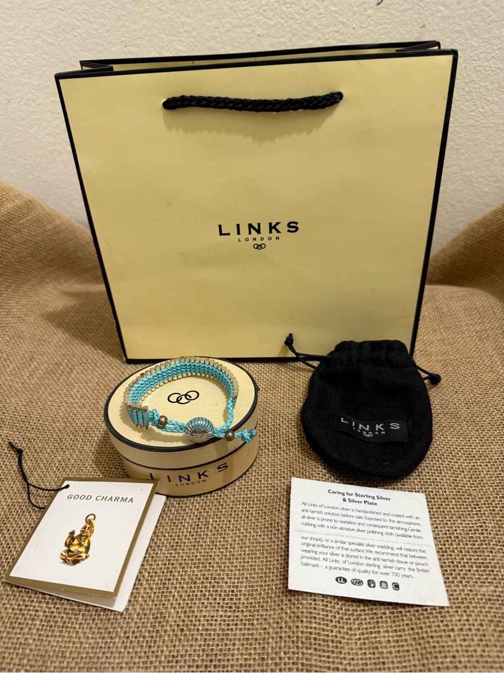 Links of London .925 Sterling and Turquoise Cord Friendship Bracelet New in Box